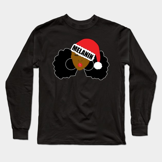 Melanin Christmas Santa Hat Afro Puffs Long Sleeve T-Shirt by blackartmattersshop